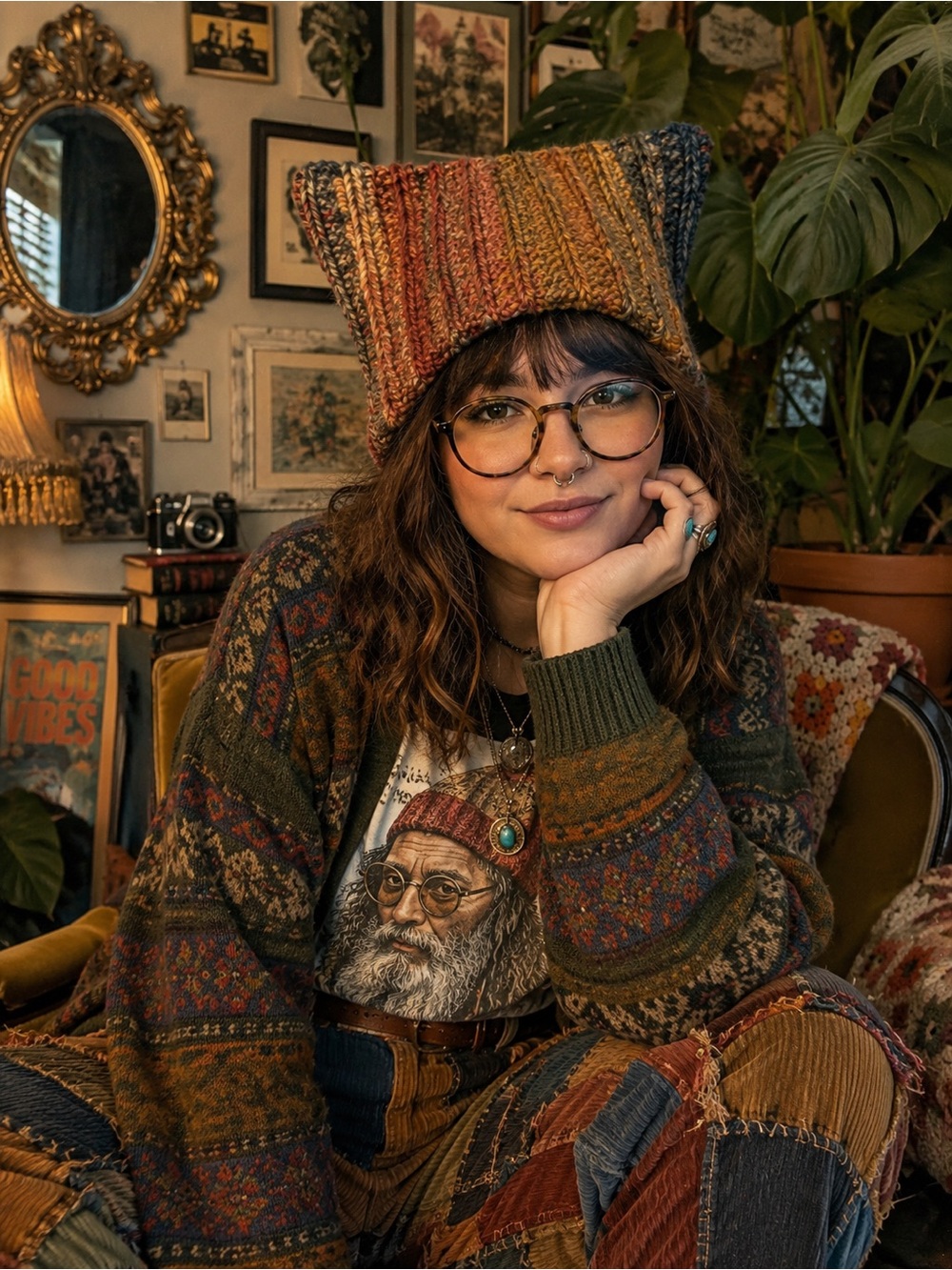 Handmade Crochet Cat Ear Beanie Multicolor Eclectic Grandpa Boho Hat